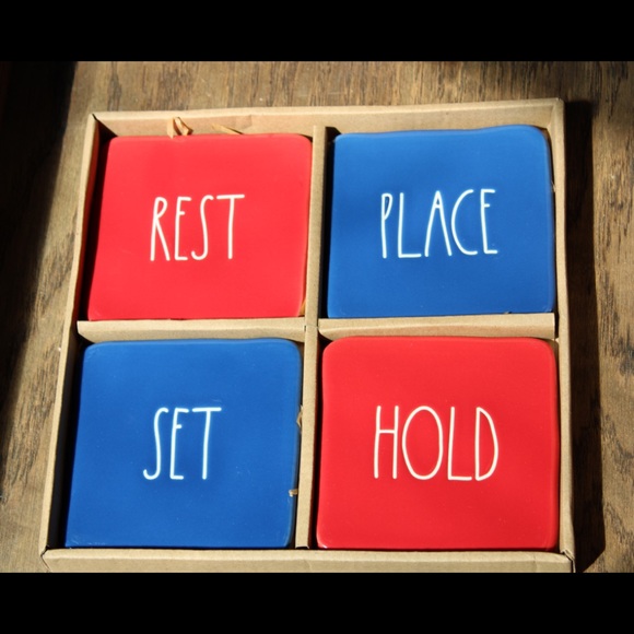 RAE DUNN REST/SET/HOLD/PLACE red/blue ceramic coaster set NIB - Picture 4 of 15